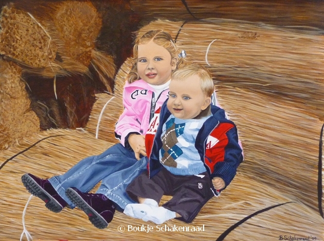 Children sitting on thatching reed - art Boukje Schakenraad